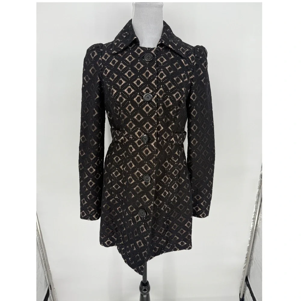 INC‎ Black Cotton Geometric Lace Trench Coat Womens Small Classic Feminine